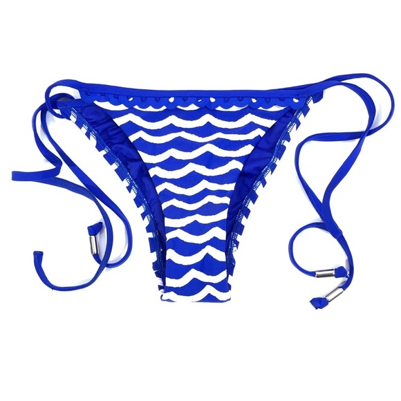 SEAFOLLY Australia Blue White Tidal Wave Stripe Lace String Tie Bikini Bottom 8 - Picture 2 of 7